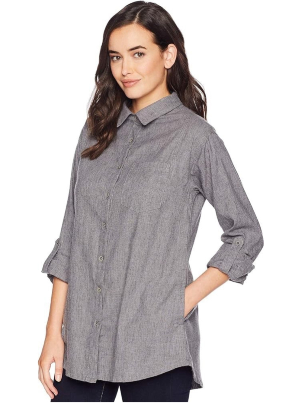 prAna Womens 2XL Vapor ASTER Hemp Lyocell Tunic Top Pockets Shirt Roll Tab Gray